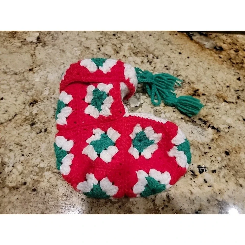 Vintage Granny Square Christmas Stocking Hand Crochet Red White Green Mini